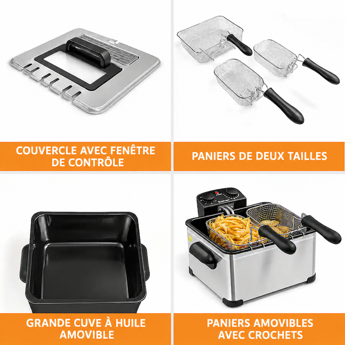 Friteuse Électrique 5L – 1700W avec 3 Paniers (1 Grand + 2 Petits)