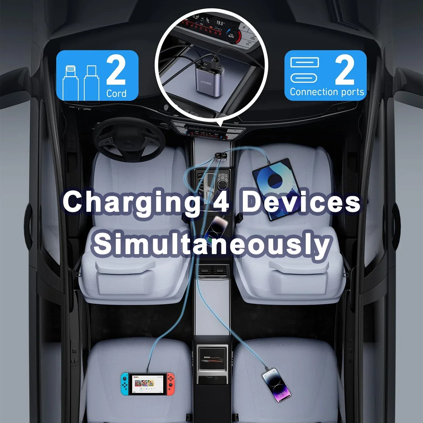 Chargeur de Voiture 4-en-1 – avec Câble Rétractable et charge rapide.