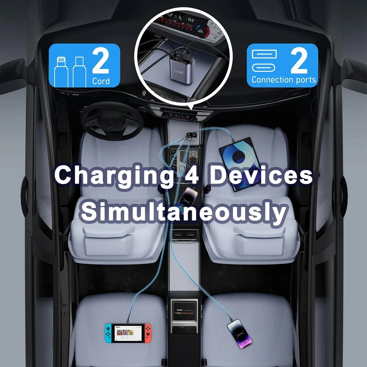 Chargeur de Voiture 4-en-1 – avec Câble Rétractable et charge rapide.