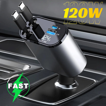 Chargeur de Voiture 4-en-1 – avec Câble Rétractable et charge rapide.