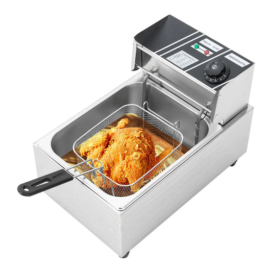 2500W 6L Electric Deep Fryer Professional Stainless Steel Oil Fryer with Cold Zone Technology 60~200℃ with Basket and Lid