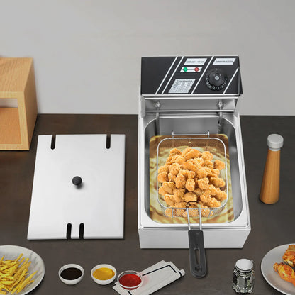 2500W 6L Electric Deep Fryer Professional Stainless Steel Oil Fryer with Cold Zone Technology 60~200℃ with Basket and Lid