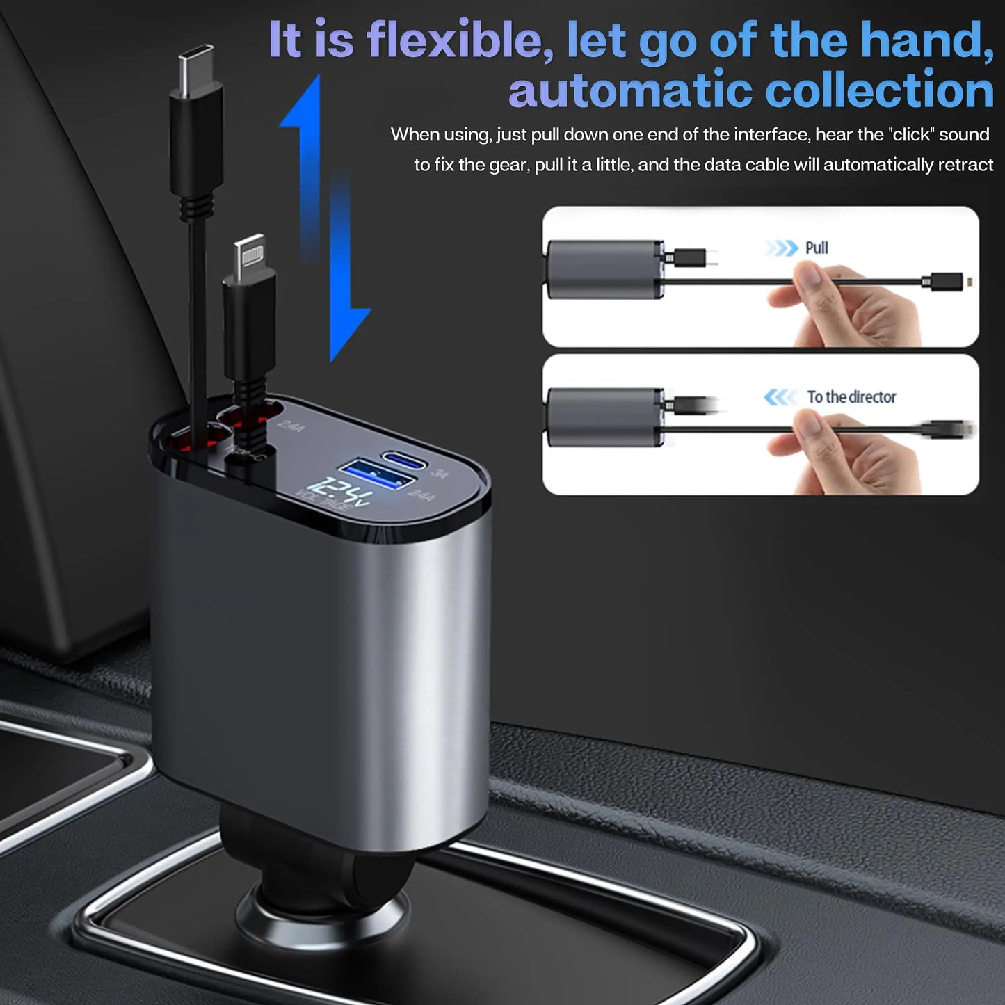Chargeur de Voiture 4-en-1 – avec Câble Rétractable et charge rapide.