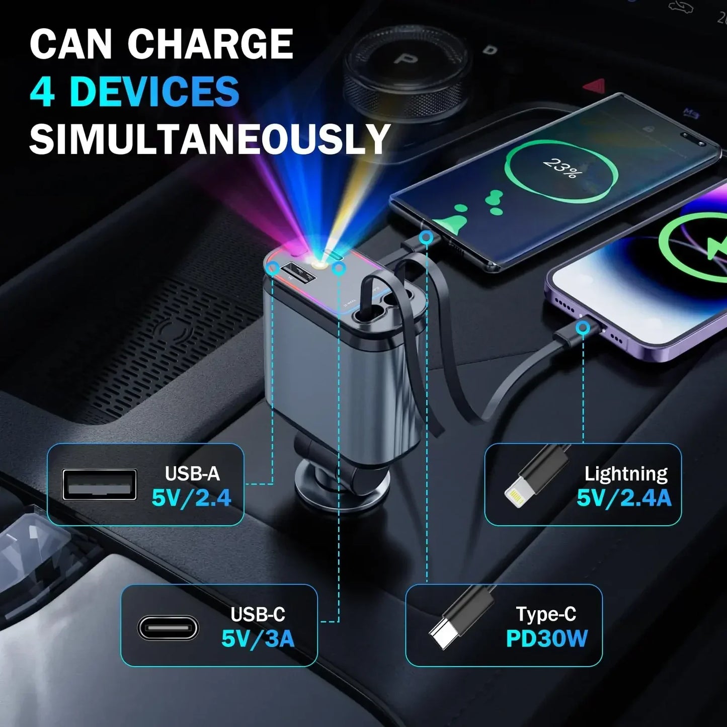 Chargeur éclair VIP de Voiture Rétractable 4 en 1 - Super Rapide, Robuste et Élégant
