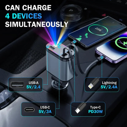 Chargeur éclair VIP de Voiture Rétractable 4 en 1 - Super Rapide, Robuste et Élégant