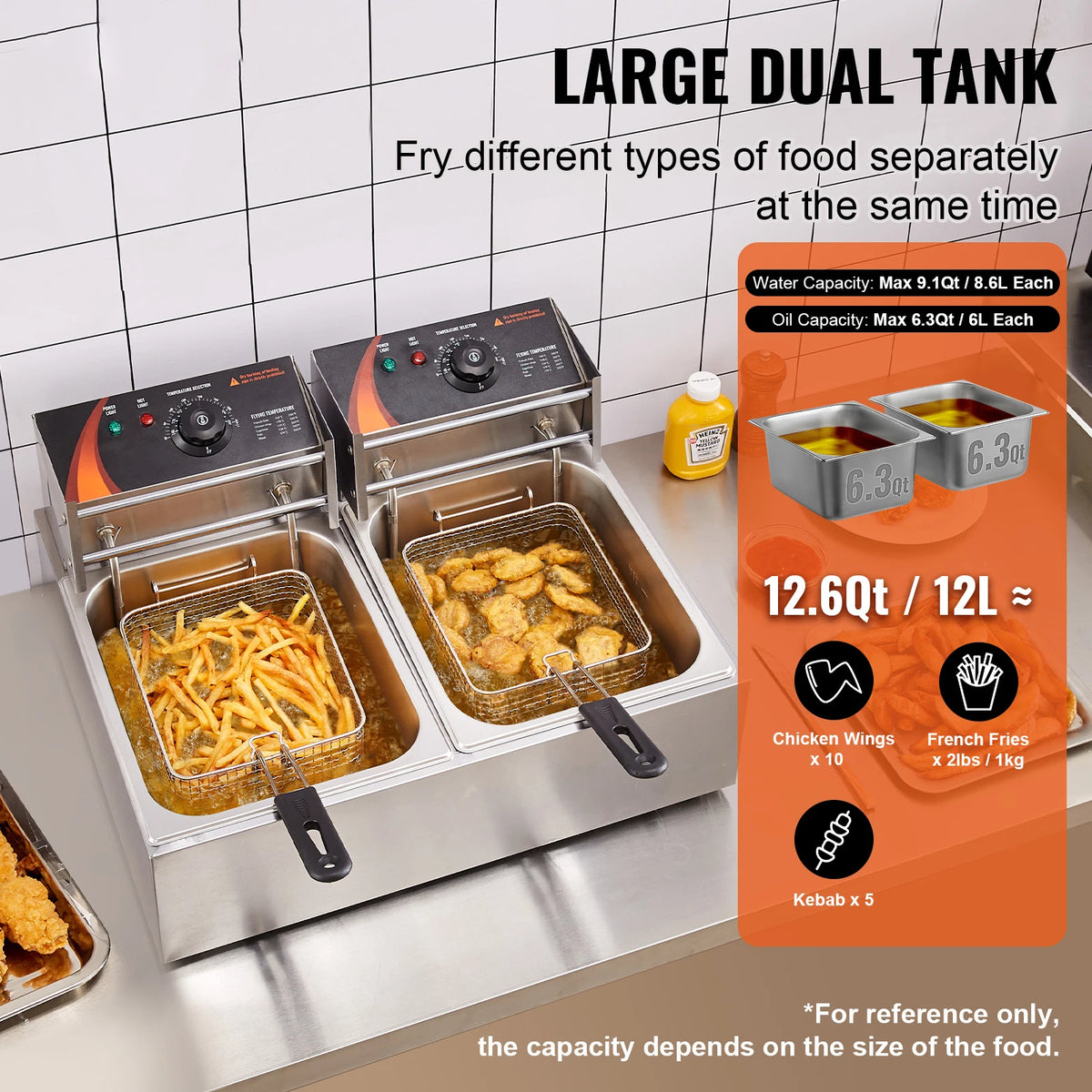 Hoffmanns 12L Commercial Electric Deep Fryer w/Dual Tanks 6Lx 2 and Single Tanks 6L - 3000W  Stainless Steel Countertop Fryer for Fried Chicken French Fries
